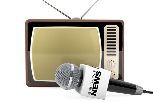 Mikrofon Z Breaking News Box Znak I Retro Stary Telewizor Na Białym Tle. Renderowanie 3d