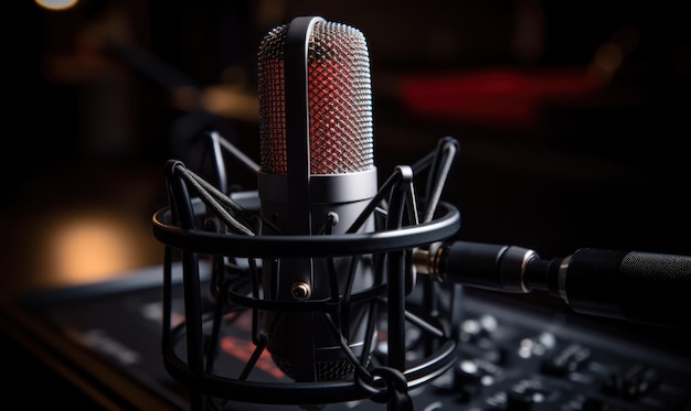 Mikrofon z czerwoną osłoną i czarnym mikrofonem na stole.