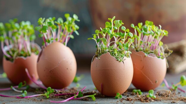 Mikrogreeny w skorupach jaj wiosna i Wielkanoc koncepcja kopiować przestrzeń