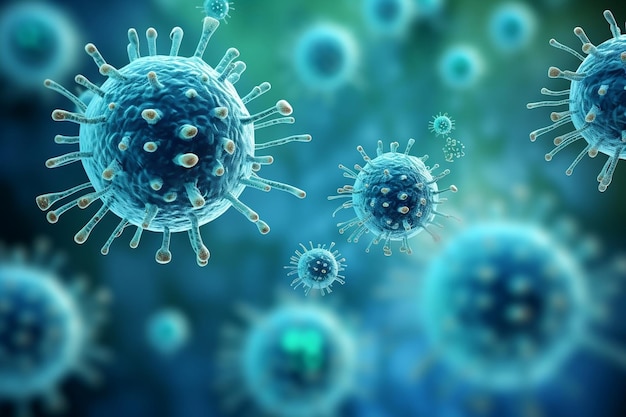 Mikroorganizmy na niebieskim tle Wirusy przeciwko bakterii Generatywna sztuczna inteligencja
