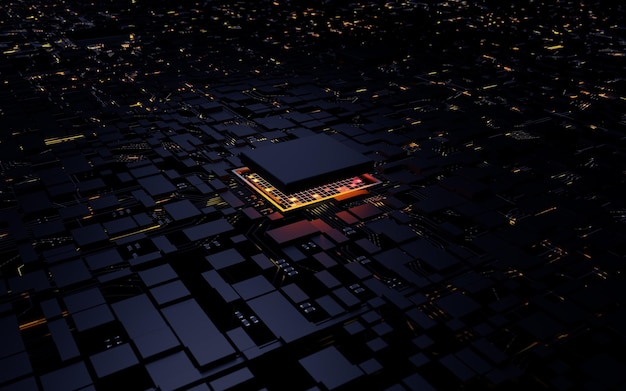 Mikroprocesor renderowania 3D Chipset CPU Jednostka centralna procesora na płycie głównej komputera obwodu oświetlenia Cyber i futurystyczna koncepcja sprzętu Elektronika i technologia AI z przestrzenią do kopiowania