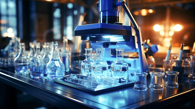 mikroskop i szklane naczynia z niebieską etykietą na laboratorium