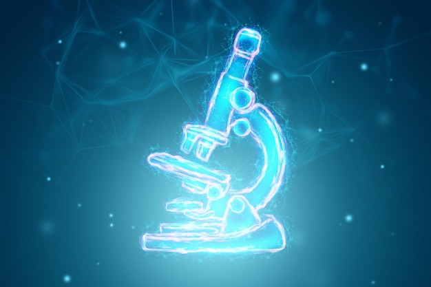 Mikroskop medyczny na niebieskim tle Koncepcja analiz laboratoryjnych badań medycznych Zaawansowane laboratorium naukowe medycyny biotechnologii rozwój mikrobiologii