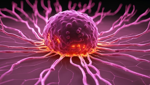 Mikroskopiczne zdjęcie komórki nowotworowej z świecącym czerwonym jądrem