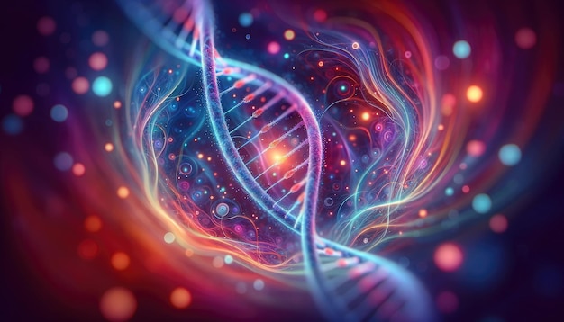Mikroskopiczny wzór DNA, ale z wyjątkowym zwrotem żywych gradientów kolorystycznych i eterycznego blasku