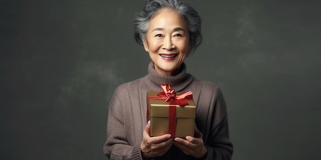 Miła, dojrzała chińska kobieta szczęśliwie zaskoczona prezentem w rękach na szarym tle.