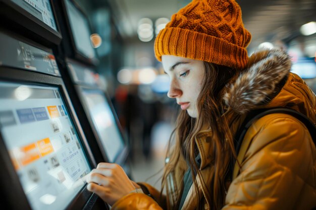 Milenijna kobieta rejestruje się na lot za pomocą kiosku samodzielnej obsługi na terminalu lotniska