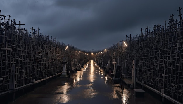 Miliony krzyży na największym na świecie cmentarzu, oświetlającym ciemne chmury, deszcz