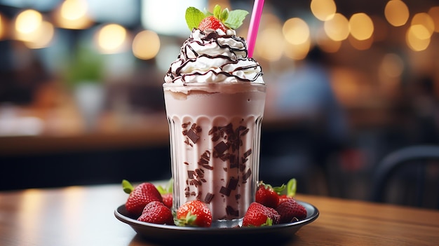 Milkshake z czekoladą i truskawką na drewnianym tle stołowym