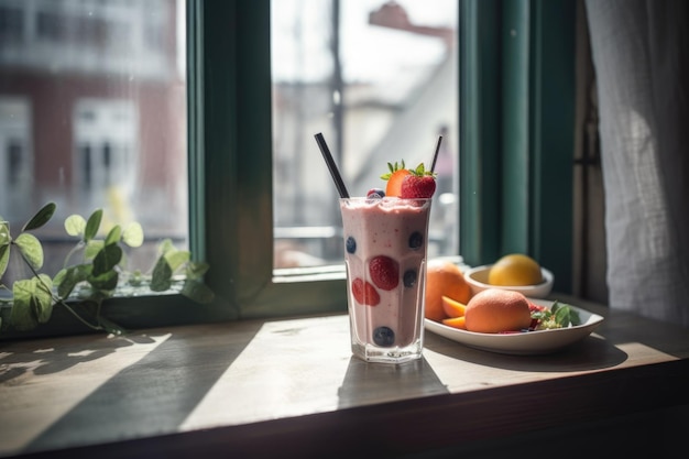Zdjęcie milkshake z owocami na drewnianym stole przy oknie