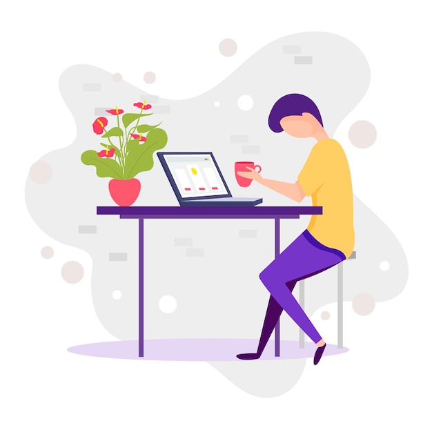 Millenialsi w pracy Mężczyzna tysiąclecia pracy z laptopem coworking przestrzeni wektor płaski ilustracja kreskówka na białym tle