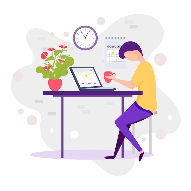 Millenialsi w pracy Mężczyzna tysiąclecia pracy z laptopem coworking przestrzeni wektor płaski ilustracja kreskówka na białym tle