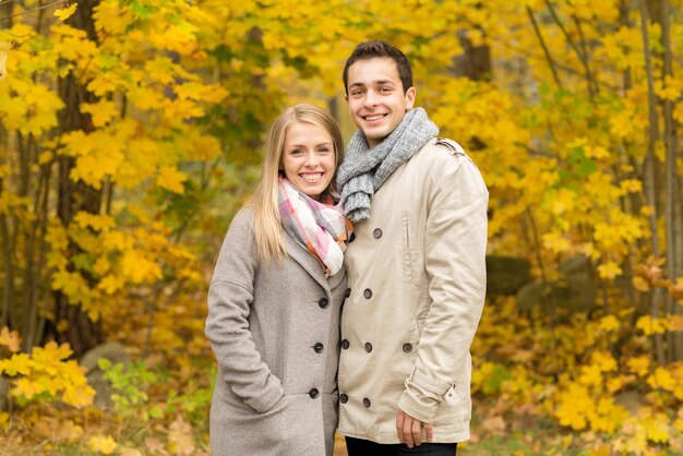 Miłość, związek, rodzina i ludzie pojęć, - uśmiechnięty pary przytulenie w jesień parku