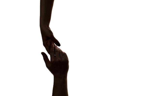 Miłosierdzie dwie ręce sylwetka połączenie lub koncepcja pomocy Palec Dotykanie rąk sylwetka mężczyzna kobieta białe tło para uczucie miłość Koncepcja relacji międzyludzkich wspólnota wspólnoty symbolika