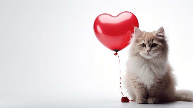 Miłośnicy kotów świętują Dzień Walentynek z balonem w kształcie serca z przestrzenią do kopiowania Generatywna sztuczna inteligencja