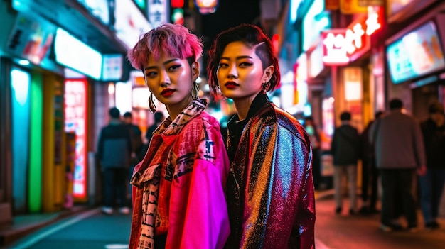 Zdjęcie miłośnicy lgbtq wkraczają na portret noc neon street w downtown generative ai