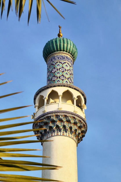 minaret meczetu na tle niebieskiego nieba jest zbliżenie otoczone liśćmi palm