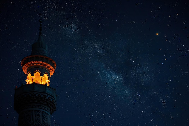 Minaret świecący w ciemności na tle gwiazdistej nocy Ramadanu