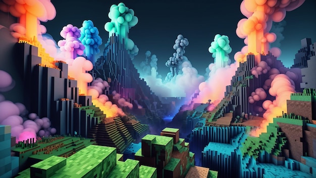 Minecraft Świetliwy krajobraz Tło Voxel Powierzchnia Ziemi Losowy kolor Dym