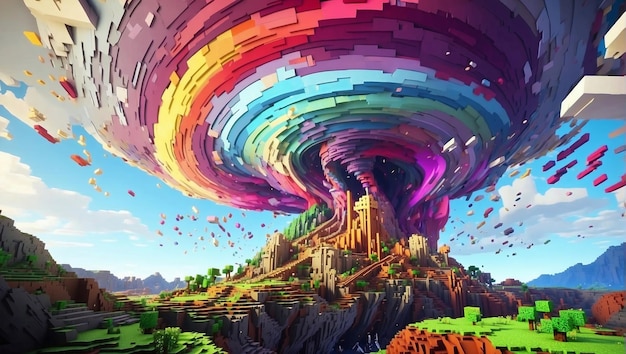 Minecraft zainspirowany kolorowym tornadem Minecraft tekstura świata Cube voxel krajobraz