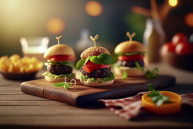 Zdjęcie mini-burgery z mięsem, sałatką, serem i pomidorami
