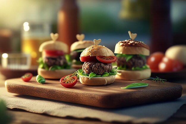 Mini-burgery z mięsem, sałatką, serem i pomidorami