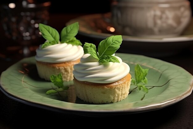 Mini ciasteczka z glazurą z serem kremowym i zielonym liściem na talerzu