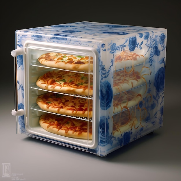 mini lodówka z niebieską i białą konstrukcją z obrazem artykułu spożywczego w niej