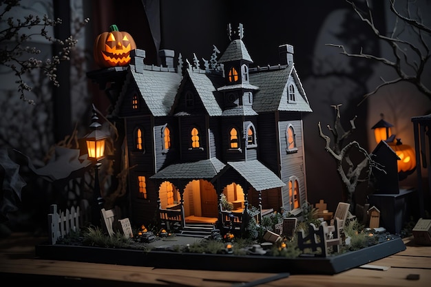 Miniaturowa diorama nawiedzonego domu z upiornymi szczegółami Koncepcja Halloween
