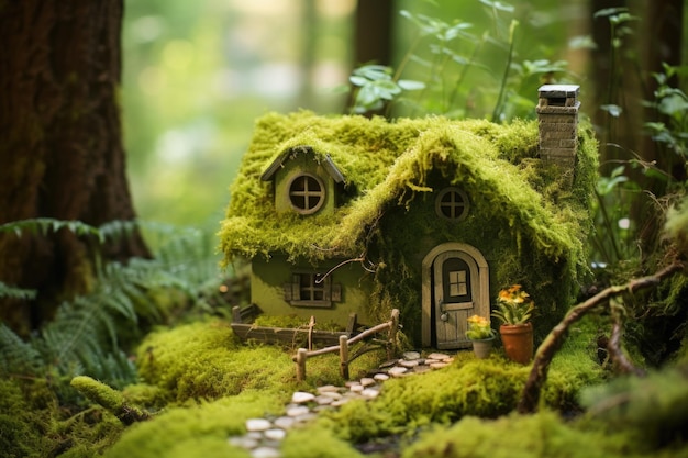 Miniaturowa drewniana chata w magicznym, mchowym lesie