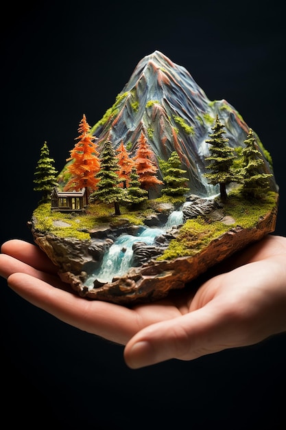 Miniaturowa góra lekko objęta obiema rękami