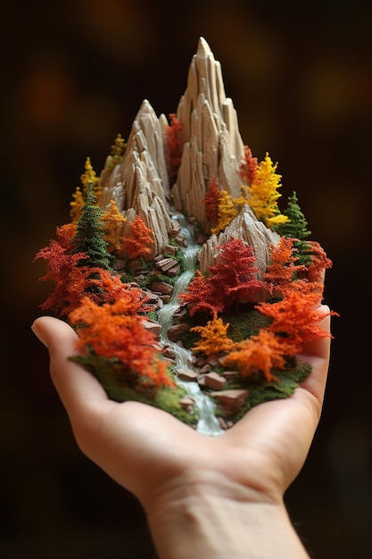 Miniaturowa góra lekko objęta obiema rękami