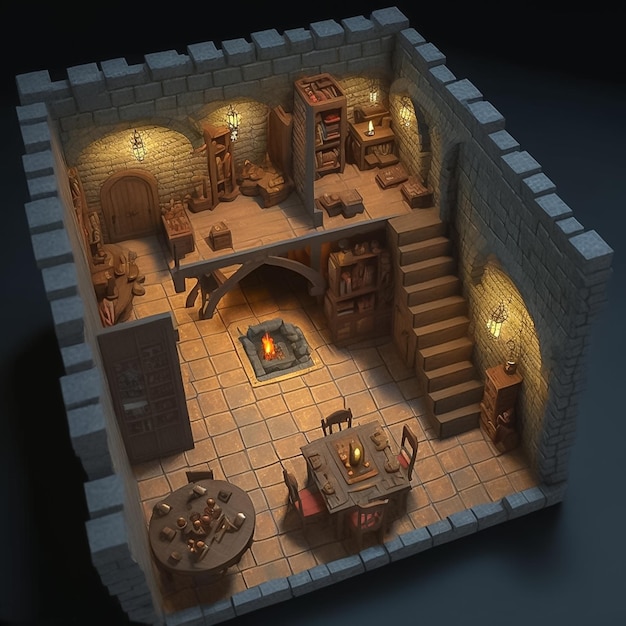 Miniaturowa mapa lochów z meblami w pokojach i obiektami w stylu średniowiecznym AI Generated