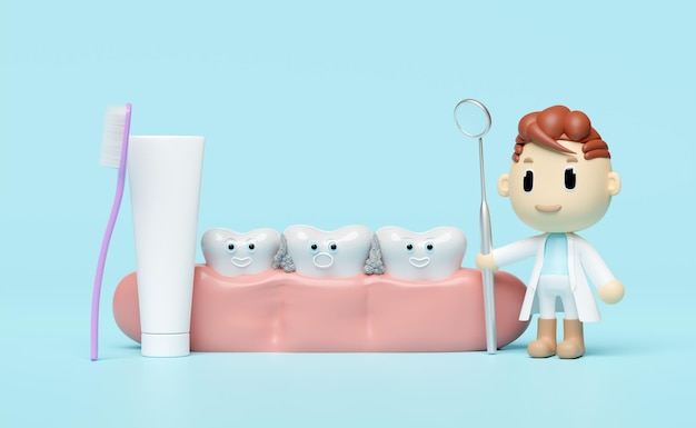 miniaturowa postać z kreskówki dentysta 3d z dentystą lustro szczoteczka do zębów dziąsła dentystyczne badanie zębów zdrowia białych zębów pielęgnacja jamy ustnej 3d render