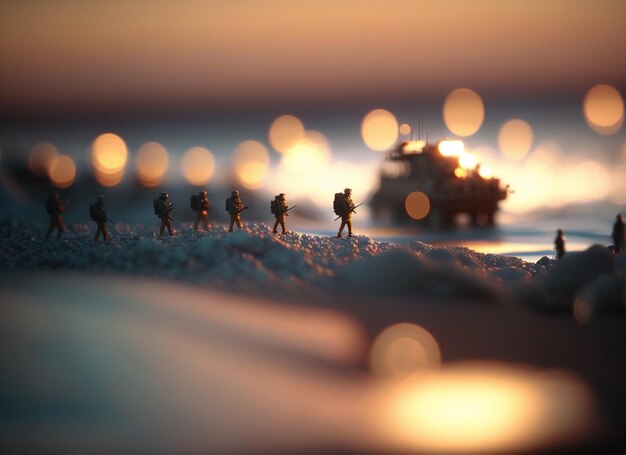 Miniaturowa scena wojskowa z czołgiem w tle.
