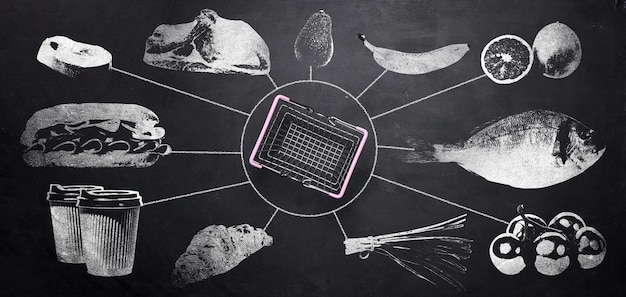 Zdjęcie miniaturowe koszyki na zakupy i mięso ryby warzywa i owoce są rysowane kredą na czarnej tablicy