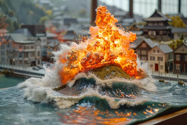 Miniaturowe miasto modelowe pochłonięte przez ognistą falę w surrealistycznej scenie katastrofy