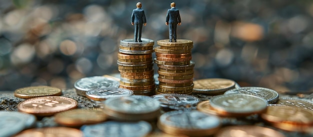 Zdjęcie miniaturowe postacie biznesmenów stojących na stosie monet pieniądze koncepcja wzrostu biznesu finansowania obraz panoramiczny