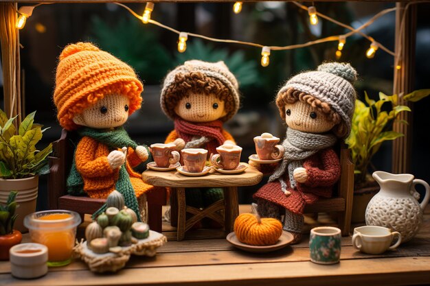 Miniaturowe, urocze, dzianinowe lalki siedzące przy stole z filiżankami herbaty. Przyjęcie podwieczorkowe dla trzech przyjaciół