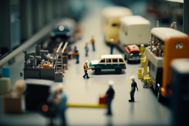 Miniaturowi ludzie i pojazdy w fabrycznej sztucznej inteligencji