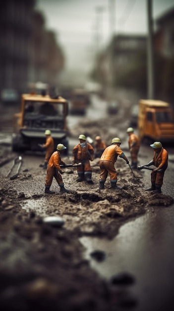 Miniaturowi ludzie pracujący na ulicy z ciężarówką w tle
