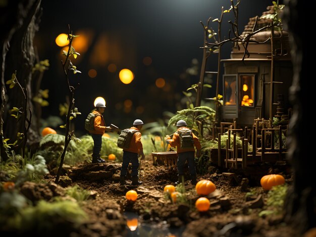 Miniaturowi ludzie we wsi z dyniami w nocy Renderowanie 3D koncepcji Halloween