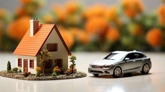 Miniaturowy dom i samochód samodzielnie na białym tle Generative AI