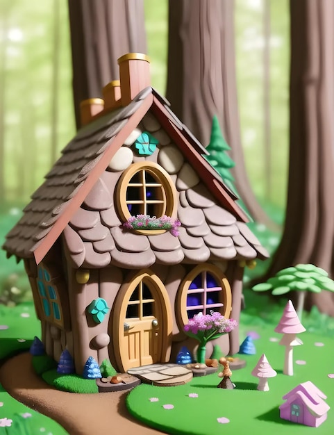 Miniaturowy dom w lesie ze światłem słonecznym