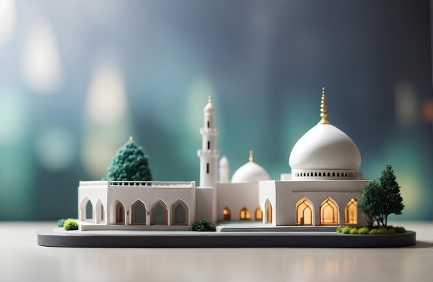 miniaturowy luksusowy biały meczet z zielonymi drzewami i tłem bokeh
