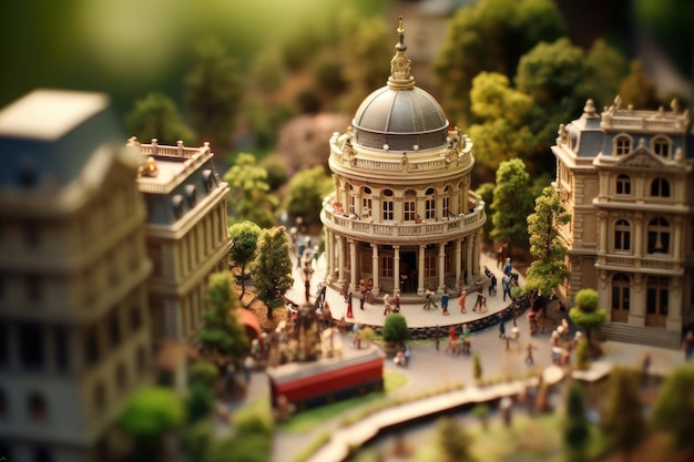 Miniaturowy model budynku z kopułą i spacerującymi wokół niej ludźmi