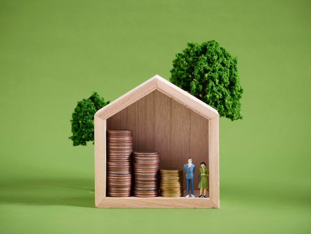 Zdjęcie miniaturowy model domu ze stosami monet