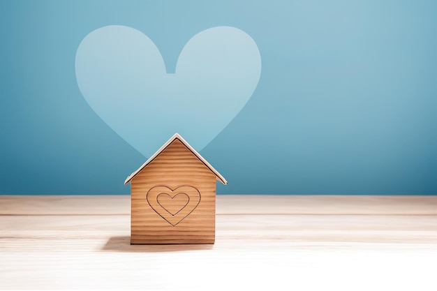 Miniaturowy model drewnianego domu z koncepcją nieruchomości w kształcie serc Generative AI