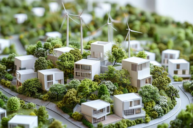 miniaturowy model ekowioski z domami, młynami wiatrowymi, drzewami, zieloną energią i koncepcją ekologii