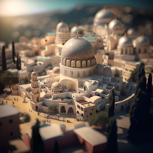 Miniaturowy model małego miasteczka z budynkiem w kształcie kopuły.